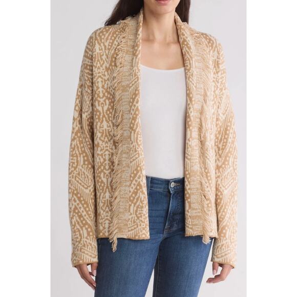 Lucky Brand Fringe Boho Western Shawl Collar Jacquard Knit Cardigan NWT XS - Picture 1 of 12
